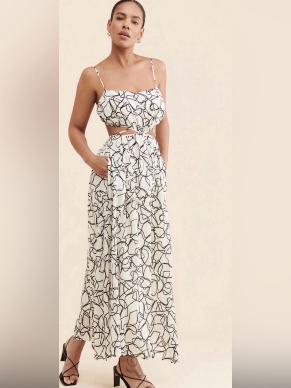 ASTR The Label Gaia Maxi Dress Small White Black‎ Abstract Sketch Print Cutout